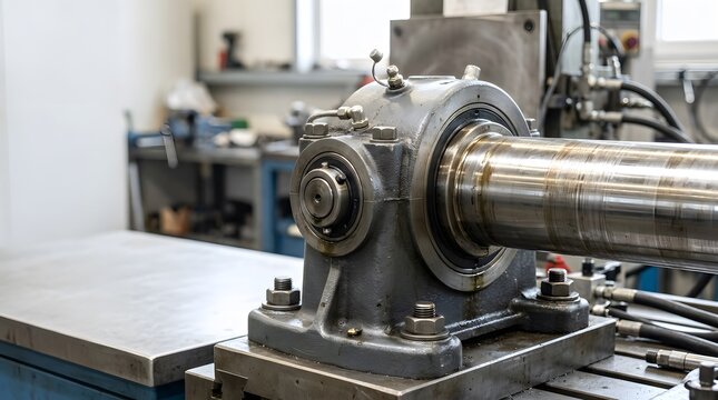 heavy duty industrial trunnion bearing housing supporting a large rotating shaft for power transmission, machinery maintenance and manufacturing engineering