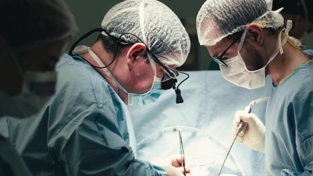 Portrait of surgeons focused during an operation in a modern sterile operating room. Concept surgical teamwork, professional healthcare, advanced medicine and patient care.