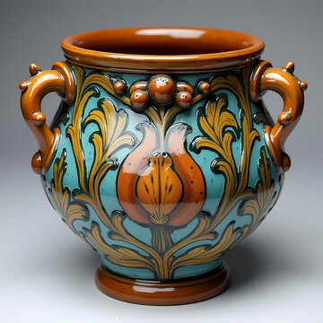 Vintage ceramic planter with handles and ornate floral pattern elegant majolica style glazed pottery vase isolated on grey backdrop