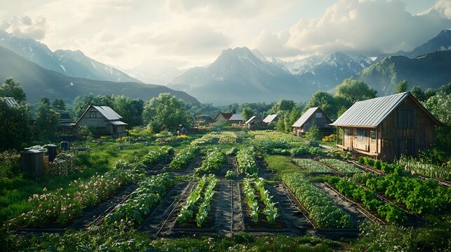 Farmers implement permaculture techniques in lush green fields with mountain backdrop showcasing sustainable farming practices for eco-conscious audiences, elegantly showcasing organic.