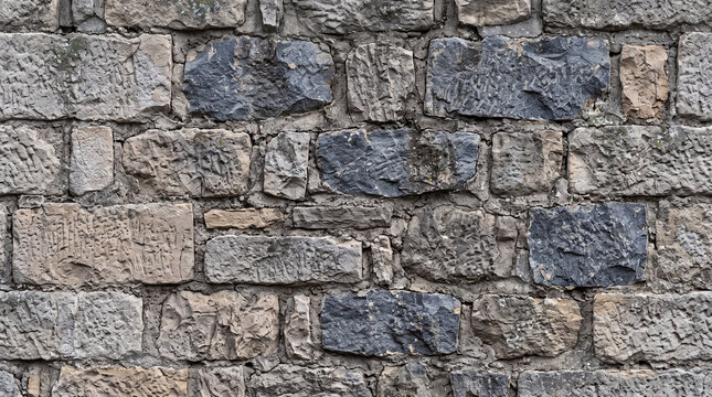 Close-up photograph of a weathered stone wall texture with grey and brown rocks.