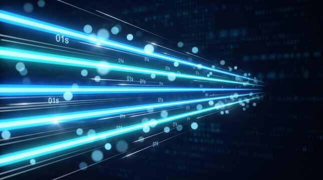 Futuristic data transfer visualization with blue light trails with code dark background depicts futuristic communication information technology
