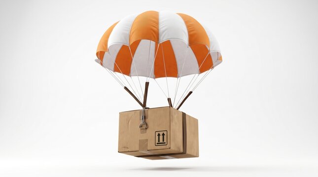 Cardboard shipping box descending with orange and white parachute against white background, symbolizing fast delivery and logistics service.