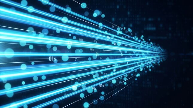 Futuristic data transfer visualization with blue light trails on dark background with trails binary code depicts futuristic communication information