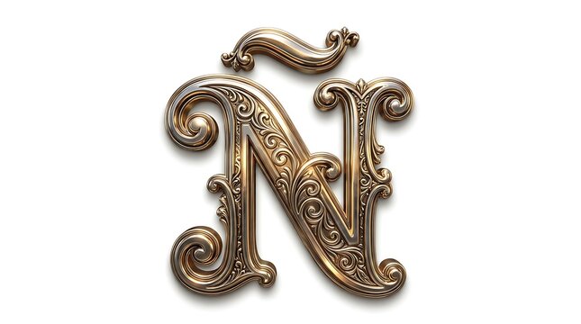Ornate golden letter N with tilde symbol, vintage baroque style decorative typography element.
