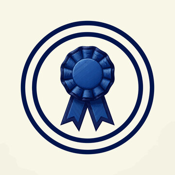 A blue ribbon award with a textured finish, enclosed in a double ring circle. The background is a light cream color