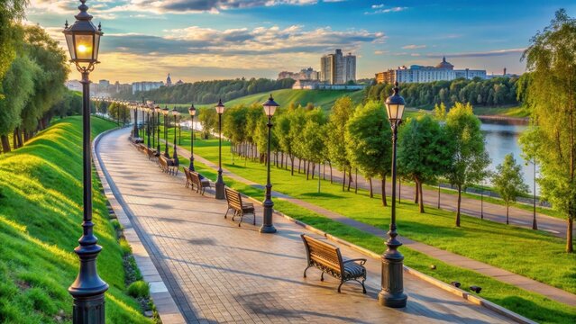 Russia city of ufa park and alleys on the embankment