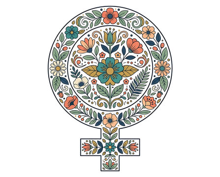 Feminine Symbol Decorated with Intricate Floral Folk Art Patterns in Earthy Tones on White Background