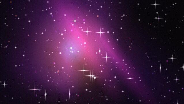A vibrant pink and purple cosmic background, featuring a dense, field of twinkling, stars and bright, four-pointed star shapes, scattered across a, deep space nebula, with soft glowing, light streaks