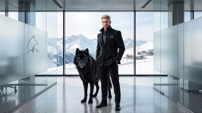 Caucasian business man standing with black wolf in modern glass office in snowy mountain