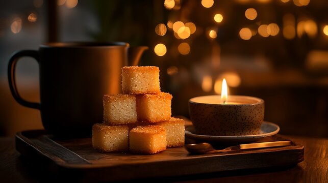 Stacked squares of golden dessert on wooden tray