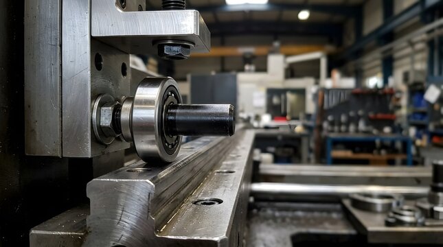 industrial needle bearing cam follower mounted against hardened guide track for precision motion control
