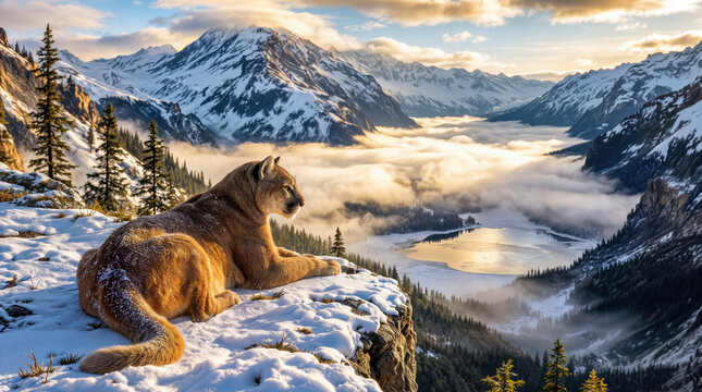 Cougar mountain lion lying on snowy cliff overlooking mountain valley lake at sunset