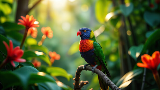 Rainbow lorikeet parrot perched on branch near vibrant red flowers in sunlit jungle.