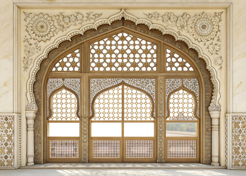 Mughal palace window featuring pointed arches, intricate stone jali screen, floral ornamentation, sandstone and ivory architectural elements