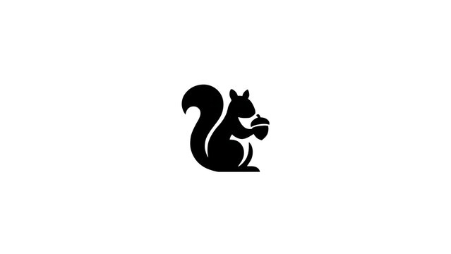 Minimalist squirrel silhouette icon, flat vector graphic mascot, black animal symbol eating acorn, simple logo design, cute cartoon rodent emblem