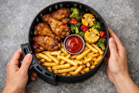 Crispy chicken drumsticks with golden fries broccoli and corn in an air fryer basket for family meal and casual dinner serving