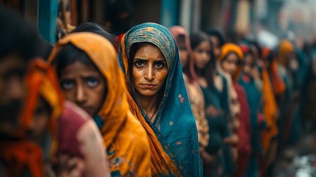 Families queue for food aid amid hardship, capturing human suffering from global hunger crises. Emotional, documentary-style shot with shallow depth of field emphasizing weary faces.