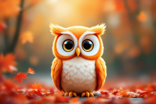 Cute 3D stylized orange owl sitting on red autumn foliage in autumn forest. Seasonal fall concept of woodland wildlife and nature art.