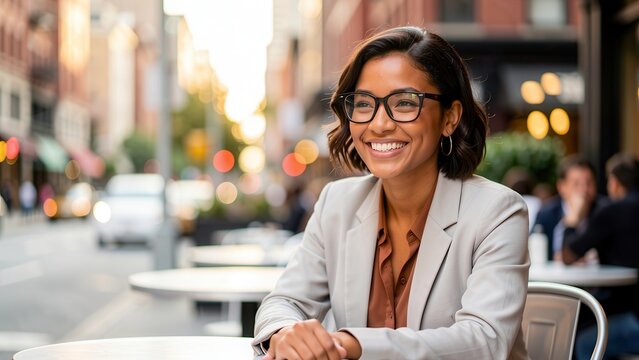 radiant confident diverse woman entrepreneur taking break at upscale cafe table bokeh background perfect for marketing copy