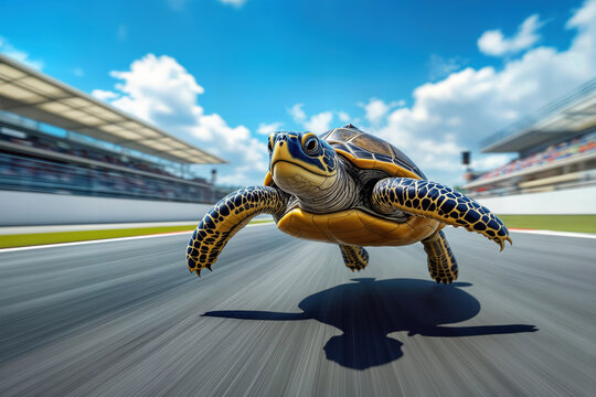 Sea turtle running fast on asphalt race track speed concept of slow versus fast motion