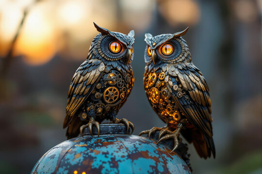 Two steampunk mechanical owls with glowing eyes and gears sitting on metallic sphere at dusk