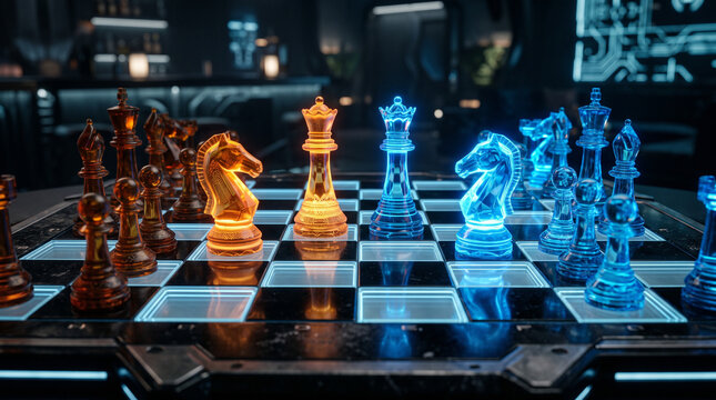 Glowing neon glass chess set on high tech dark surface