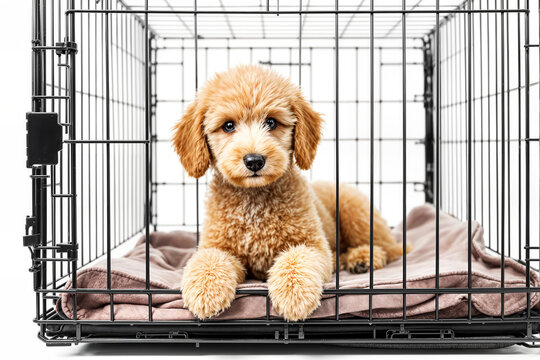 Fluffy golden puppy sitting inside wire dog crate cage on soft blanket