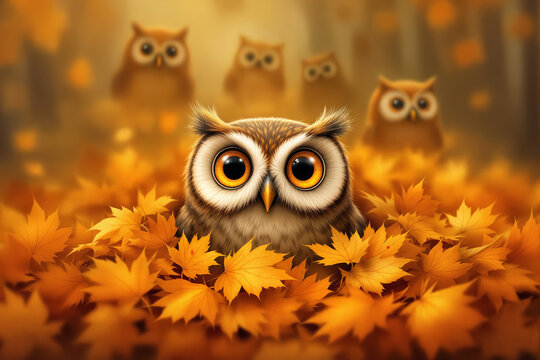Small owl sitting in golden autumn leaf pile in a forest. Bird in fall foliage background illustration.