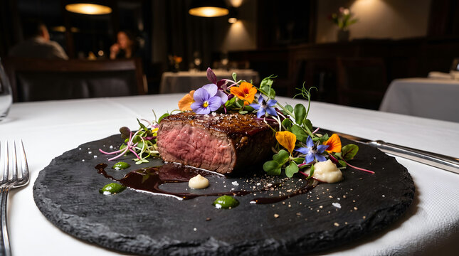 Gourmet plating of lab-grown cultured meat with microgreens in a fine dining setting