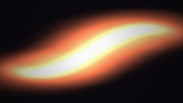 Glowing orange light streak forming a diagonal s-shaped curve against a deep black background, with a soft, focus effect and, a bright white, center that fades, into warm amber, and dark shadows