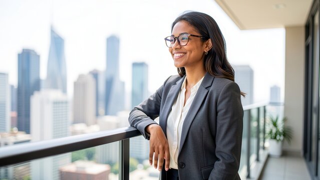 happy young diverse creative professional reflecting on chic city balcony with usable copy space for lifestyle marketing