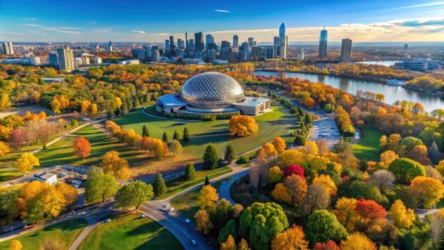 Drone view of autumn park jeandrapeau biosphere with the downtown of montreal in the background quebec canada