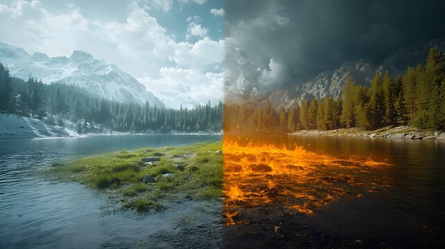 Split screen image contrasting pristine natural landscape with fiery destruction symbolizing climate change impact. Visual metaphor for ecological balance disruption.