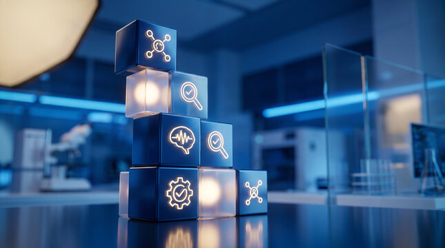 Medical education still life with stacked typography blocks in modern research lab showing evidence based practice and logic
