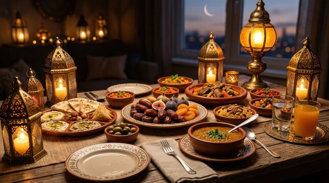 Ramadan Iftar Feast Spread with Lanterns and Crescent Moon.