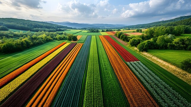 Aerial view of vibrant monoculture fields stretching to horizon with colorful crop rows contrasting against lush greenery under dynamic sky. Ideal for sustainable farming, agri-business.