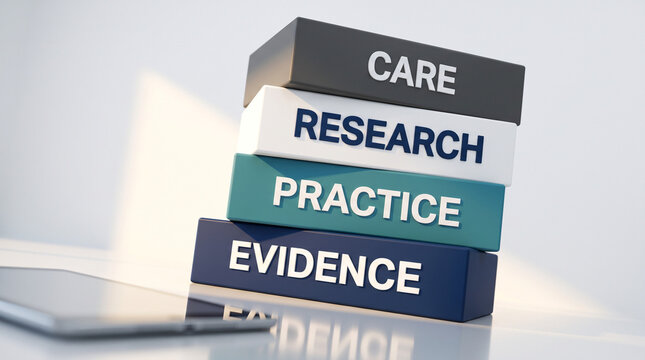 Stack of matte blocks with evidence practice research and care words forming a tall tower for healthcare decision making