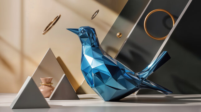 Metallic blue low poly bird sculpture standing among geometric shape and ring.