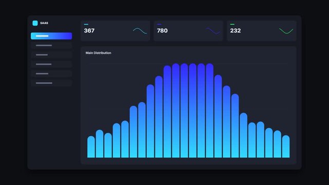 Dashboard interface with blue bar chart showing financial data metrics and business analytics