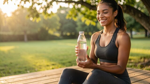 energized young woman resting outdoors golden hour hydration break athletic lifestyle photography for wellness advertising