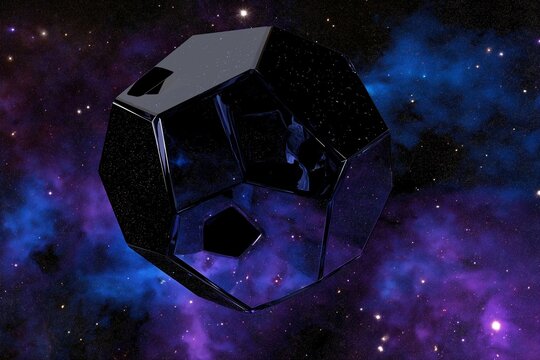 Black Faceted Polyhedron Crystal in Starry Nebula