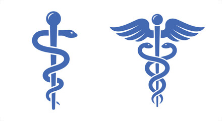 Two blue medical symbols showing the rod of asclepius and the caduceus staff with wings and snakes on a black background