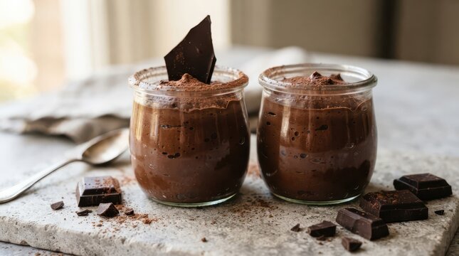 Two glass jars of rich chocolate mousse topped with cocoa powder and chocolate shards on a stone board