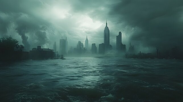 City skyline under stormy skies with turbulent waters rising, capturing urgency and impending flood. Urban landscape preparing for massive weather event with dramatic clouds and foggy atmosphere.