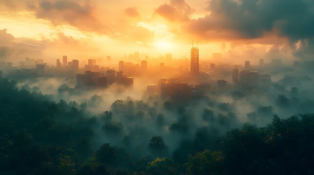 Aerial view of a city emerging from mist at sunrise transitioning to renewable energy era with golden sky and urban skyline. Sustainable future concept, time-lapse style, wide angle shot.