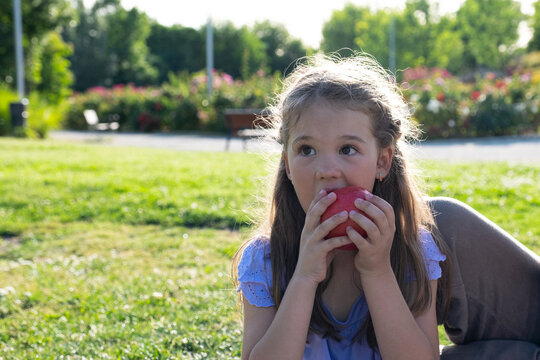 Girl enjoying a healthy red apple as a snack while sitting on green grass in sunlight