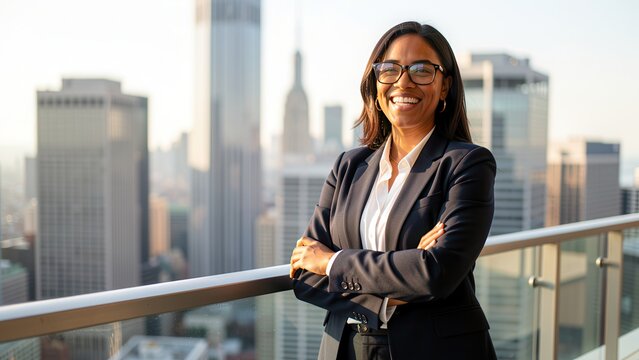 joyful diverse professional woman leaning on balcony overlooking city skyline golden hour corporate success modern urban setting commercial advertising