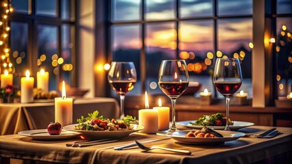 Naklejka premium Mesa parada en un restaurante tranquilo y rom ntico cena rom ntica copas de vino vac as