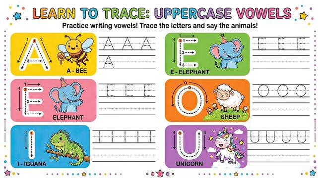 Educational vowel tracing worksheet with cartoon animals.